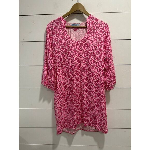Escapada Living Pink/White Geometric 3/4 Flutter Sleeve Tunic Dress Sz M - Picture 1 of 6